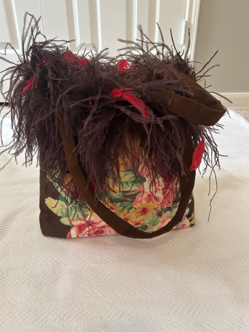 Persnickety Floral Tote with Brown Feather Trim and Red Accents